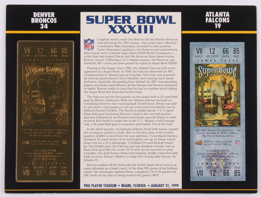 Super Bowl XXXIII Commemorative Score Card with 22kt Gold Ticket Pristine Auction