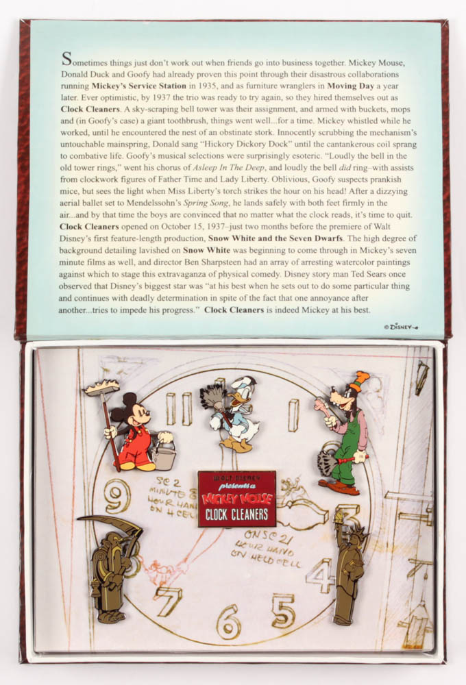 Vintage LE Disney "Mickey Mouse Clock Cleaning" Pin Set with Case at PristineAuction.com Vintage LE Disney "Mickey Mouse Clock Cleaning" Pin Set with Case at PristineAuction.com