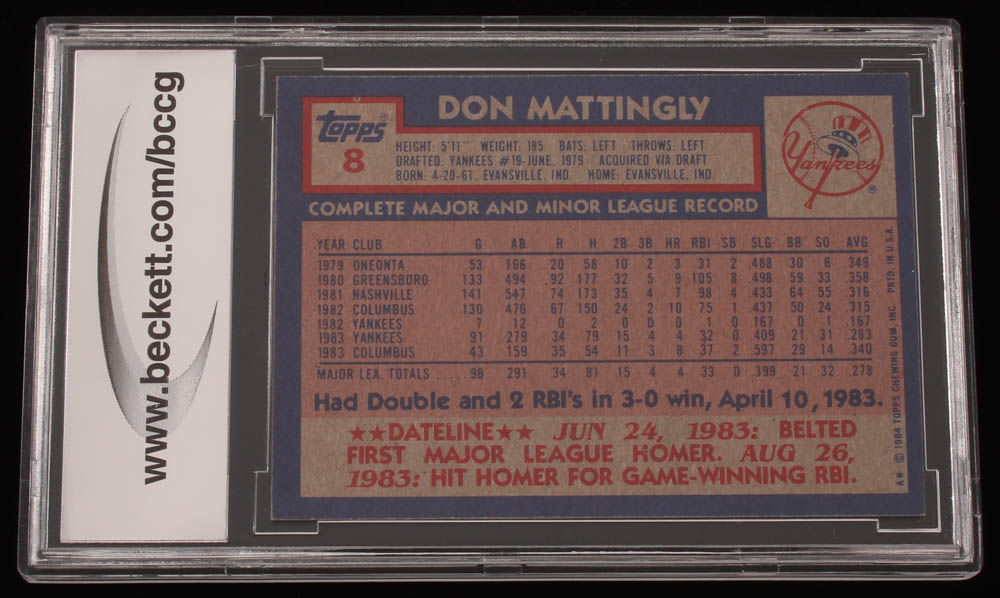 Don Mattingly 1984 Topps #8 RC (BCCG 9) at PristineAuction.com Don Mattingly 1984 Topps #8 RC (BCCG 9) at PristineAuction.com