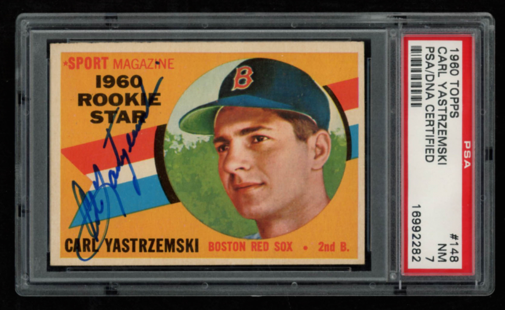 Carl Yastrzemski Signed 1960 Topps #148 RS RC (PSA 7) at PristineAuction.com Carl Yastrzemski Signed 1960 Topps #148 RS RC (PSA 7) at PristineAuction.com