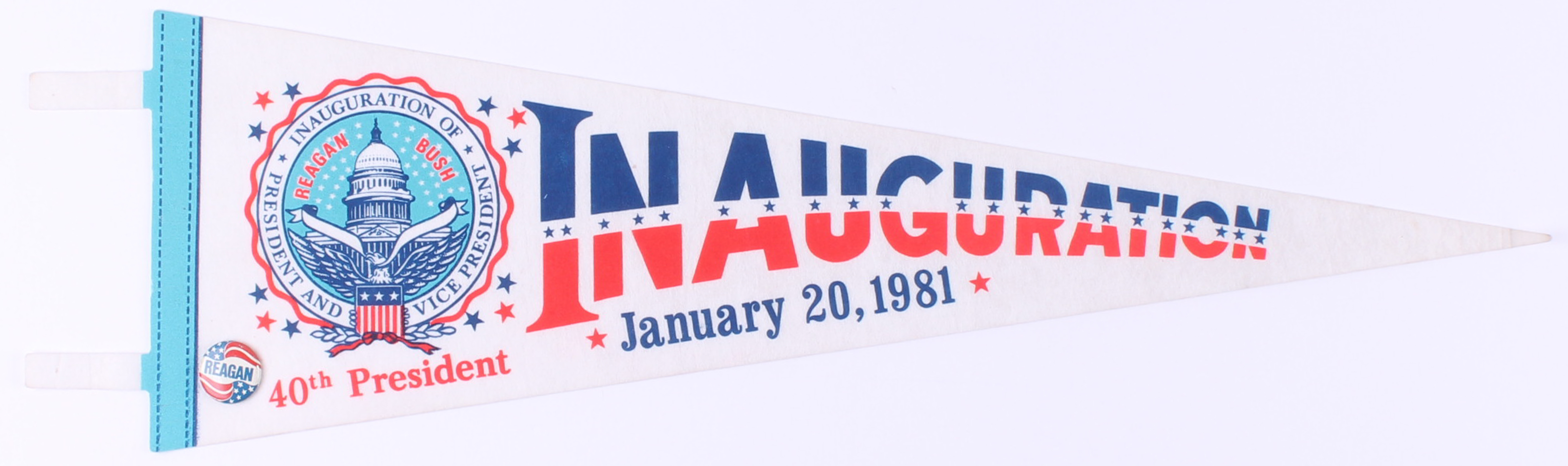 Vintage 1981 Ronald Reagan Presidential Inauguration Pennant with Reagan Pin at PristineAuction.com Vintage 1981 Ronald Reagan Presidential Inauguration Pennant with Reagan Pin at PristineAuction.com