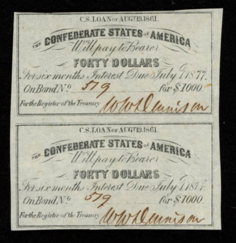 Lot of (2) Uncut 1861 $40 Forty Dollar Confederate States of America Richmond CSA Bank Note Bonds at PristineAuction.com Lot of (2) Uncut 1861 $40 Forty Dollar Confederate States of America Richmond CSA Bank Note Bonds at PristineAuction.com