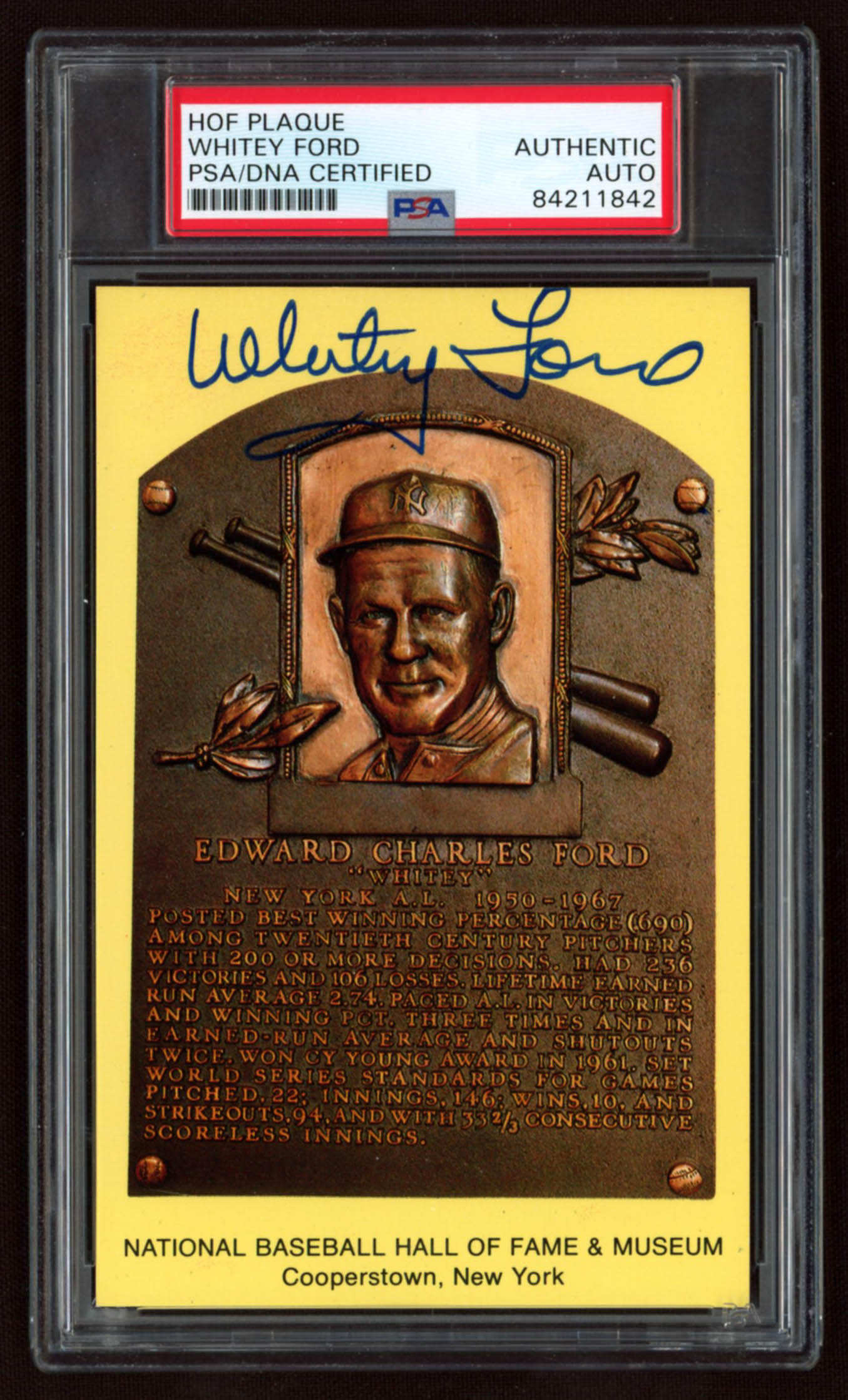 Whitey Ford Signed Gold Hall of Fame Plaque Postcard (PSA Encapsulated) at PristineAuction.com Whitey Ford Signed Gold Hall of Fame Plaque Postcard (PSA Encapsulated) at PristineAuction.com