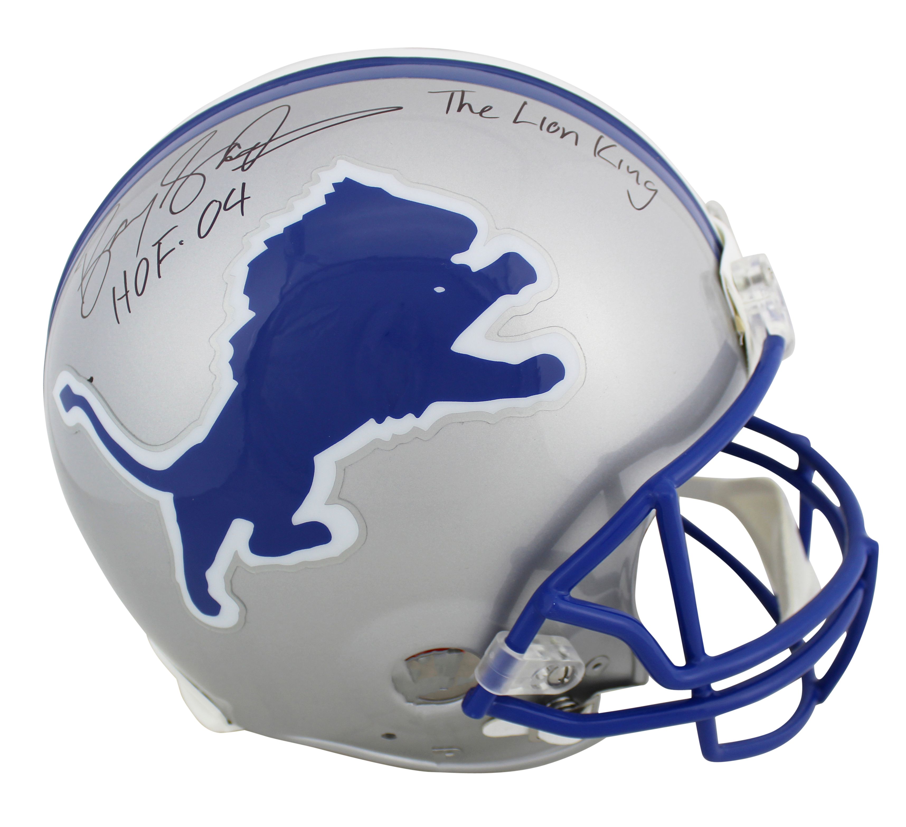 Barry Sanders Signed Lions Full-Size Authentic On-Field Helmet Inscribed "HOF 04" & "The Lion King" (Beckett COA) at PristineAuction.com Barry Sanders Signed Lions Full-Size Authentic On-Field Helmet Inscribed "HOF 04" & "The Lion King" (Beckett COA) at PristineAuction.com