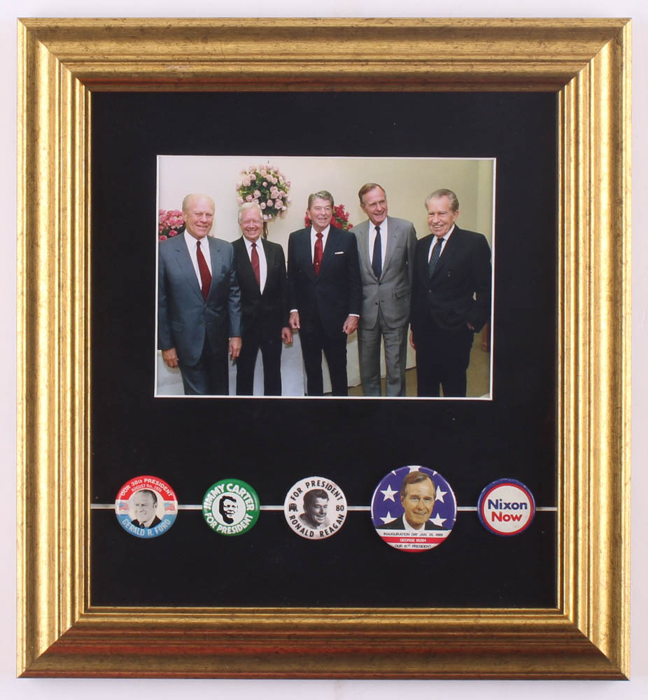 Former US Presidents 12x13 Custom Framed Photo Display with (5) Original Vintage Campaign Pins at PristineAuction.com Former US Presidents 12x13 Custom Framed Photo Display with (5) Original Vintage Campaign Pins at PristineAuction.com