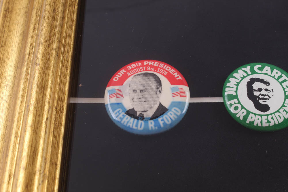Former US Presidents 12x13 Custom Framed Photo Display with (5) Original Vintage Campaign Pins at PristineAuction.com Former US Presidents 12x13 Custom Framed Photo Display with (5) Original Vintage Campaign Pins at PristineAuction.com