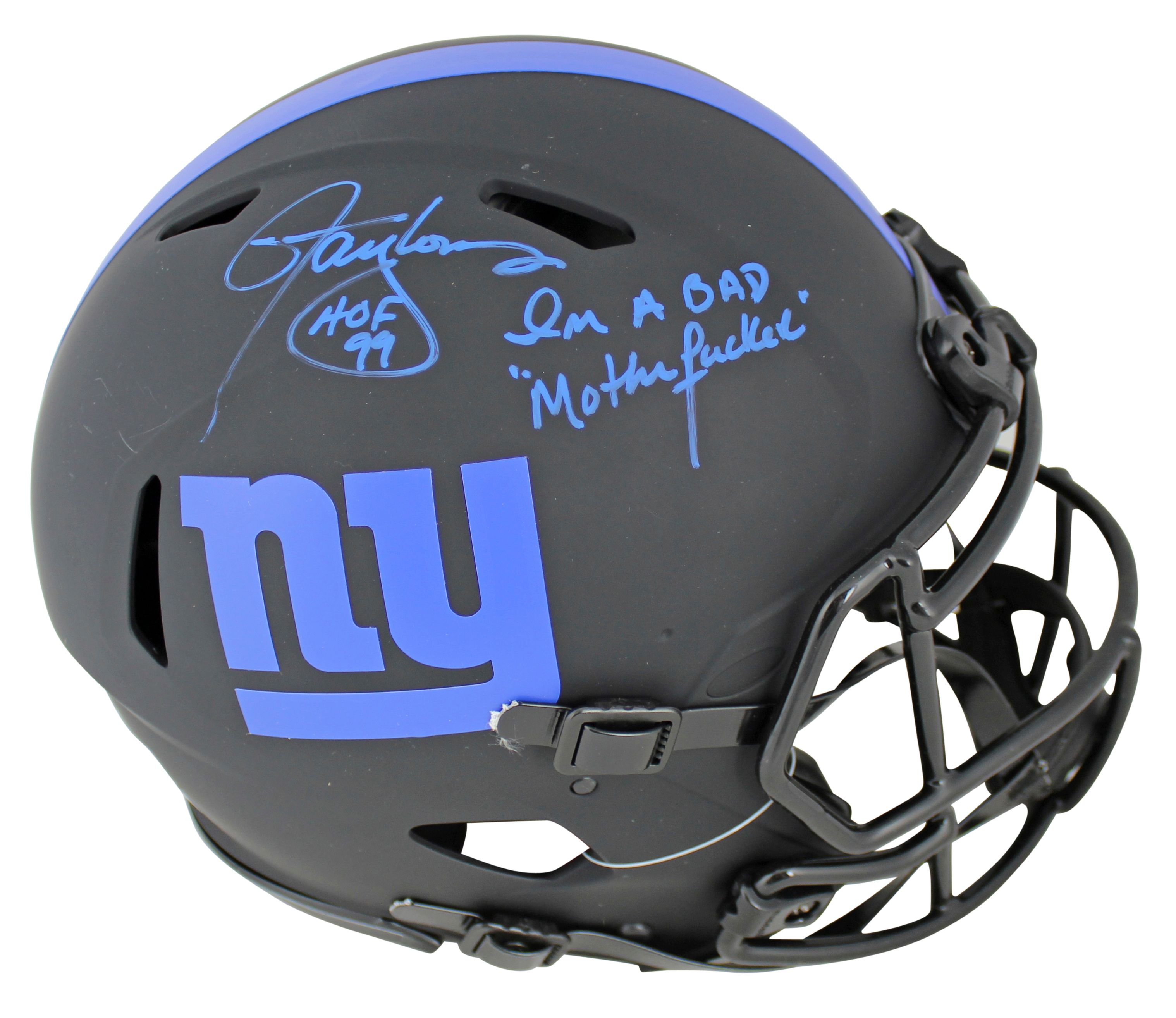 Lawrence Taylor Signed Giants Full-Size Authentic On-Field Eclipse Alternate Speed Helmet Inscribed "HOF 99" & "I'm A Bad Mother******" (Beckett COA) at PristineAuction.com Lawrence Taylor Signed Giants Full-Size Authentic On-Field Eclipse Alternate Speed Helmet Inscribed "HOF 99" & "I'm A Bad Mother******" (Beckett COA) at PristineAuction.com