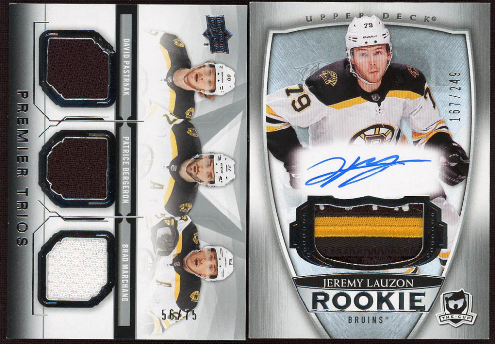 Lot of (2) 2018-19 Upper Deck Hockey Cards with Jeremy Lauzon The Cup #107 JSY AU RC & David Pastrnak / Patrice Bergeron / Brad Marchand Premier Trios Jerseys #PTBOS