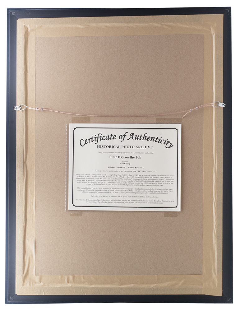 Historical Photo Archive - Lou Gehrig "First Day On The Job" Limited Edition 17x23 Custom Framed Fine Art Giclee on Paper # 18 / 375 (PA LOA) at PristineAuction.com Historical Photo Archive - Lou Gehrig "First Day On The Job" Limited Edition 17x23 Custom Framed Fine Art Giclee on Paper # 18 / 375 (PA LOA) at PristineAuction.com