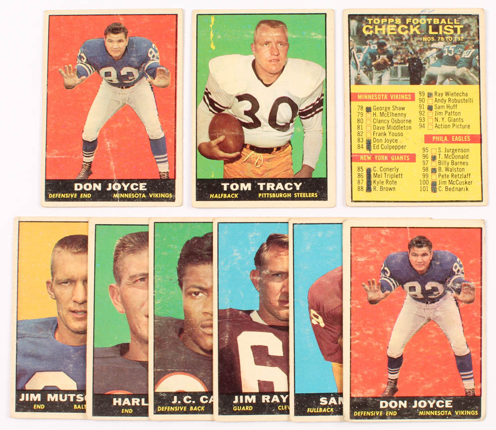 Lot of (9) 1961 Topps Football Cards with Jim Mutscheller #5, Harlon Hill #13, J.C. Caroline #17, Jim Ray Smith #73, Sam Baker #74, Checklist Card #122 at PristineAuction.com Lot of (9) 1961 Topps Football Cards with Jim Mutscheller #5, Harlon Hill #13, J.C. Caroline #17, Jim Ray Smith #73, Sam Baker #74, Checklist Card #122 at PristineAuction.com