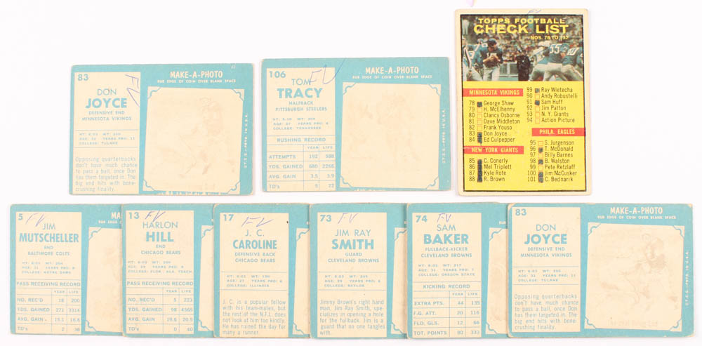 Lot of (9) 1961 Topps Football Cards with Jim Mutscheller #5, Harlon Hill #13, J.C. Caroline #17, Jim Ray Smith #73, Sam Baker #74, Checklist Card #122 at PristineAuction.com Lot of (9) 1961 Topps Football Cards with Jim Mutscheller #5, Harlon Hill #13, J.C. Caroline #17, Jim Ray Smith #73, Sam Baker #74, Checklist Card #122 at PristineAuction.com