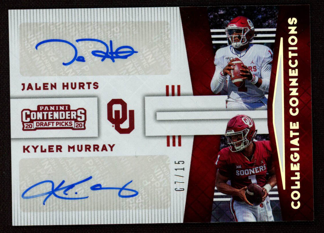 Jalen Hurts / Kyler Murray 2020 Panini Contenders Draft Picks Collegiate Connections Signatures Diamond #22 at PristineAuction.com Jalen Hurts / Kyler Murray 2020 Panini Contenders Draft Picks Collegiate Connections Signatures Diamond #22 at PristineAuction.com