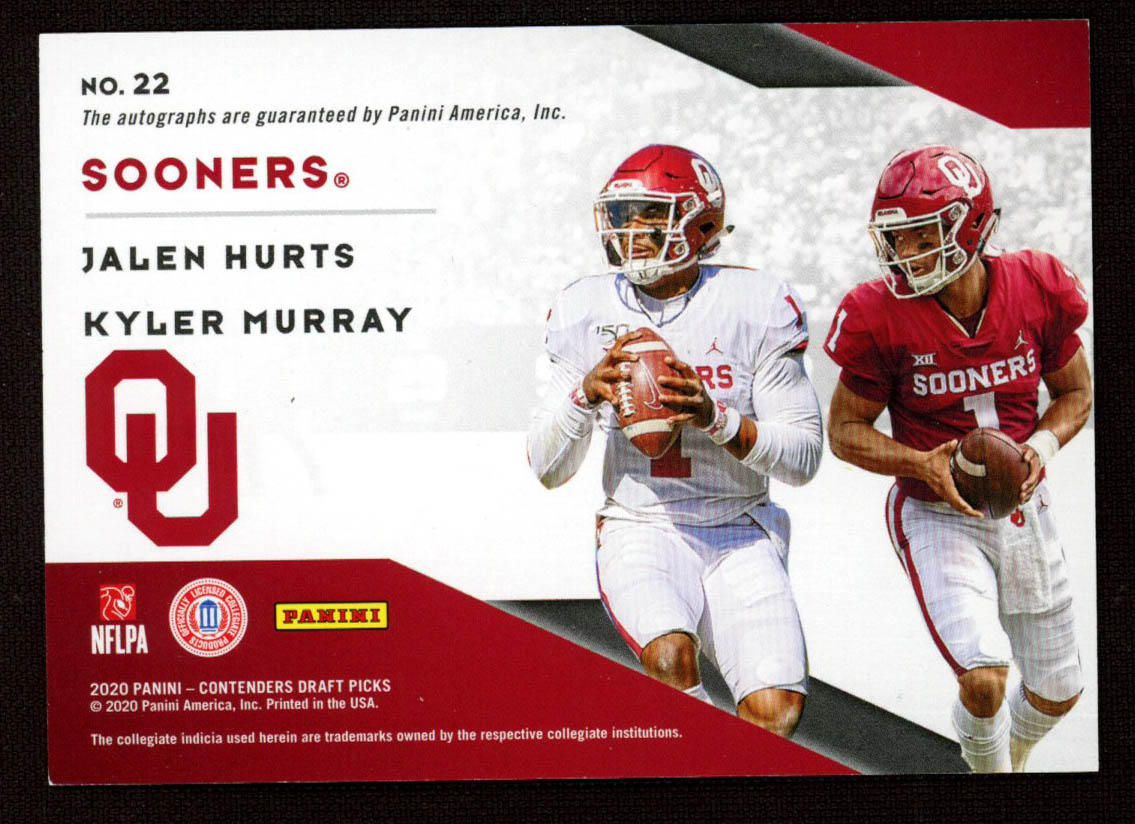 Jalen Hurts / Kyler Murray 2020 Panini Contenders Draft Picks Collegiate Connections Signatures Diamond #22 at PristineAuction.com Jalen Hurts / Kyler Murray 2020 Panini Contenders Draft Picks Collegiate Connections Signatures Diamond #22 at PristineAuction.com