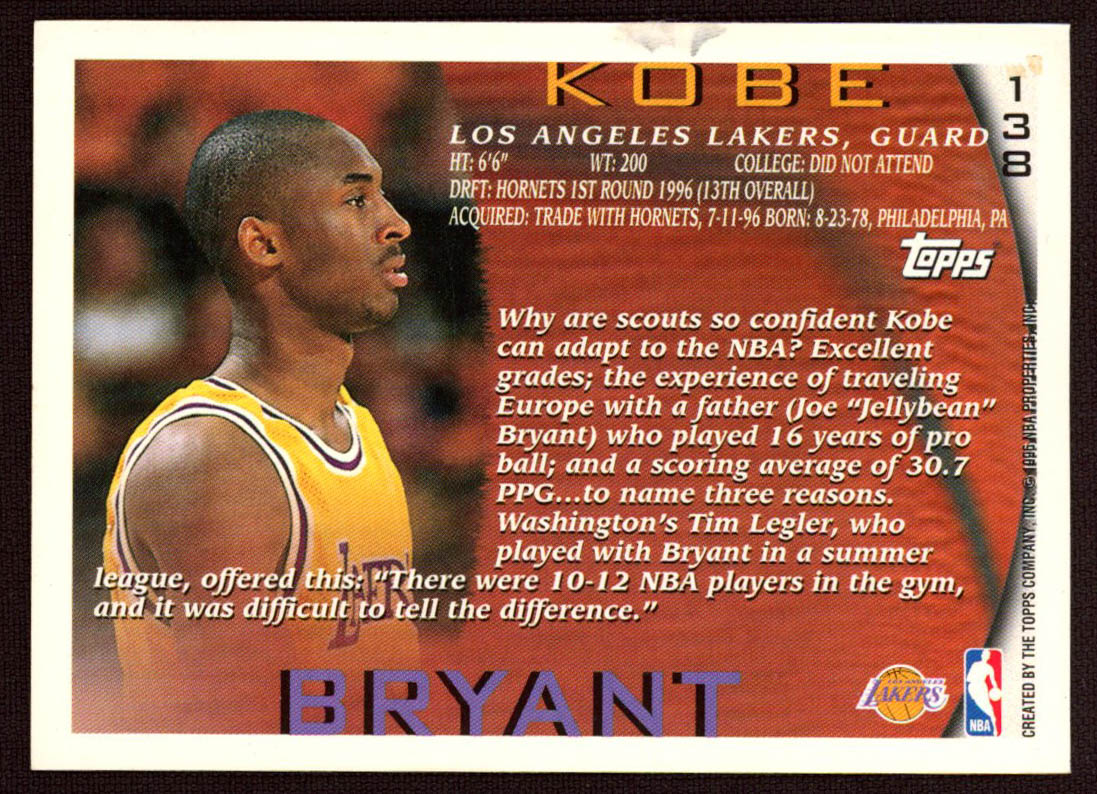 Kobe Bryant 1996-97 Topps #138 RC at PristineAuction.com Kobe Bryant 1996-97 Topps #138 RC at PristineAuction.com