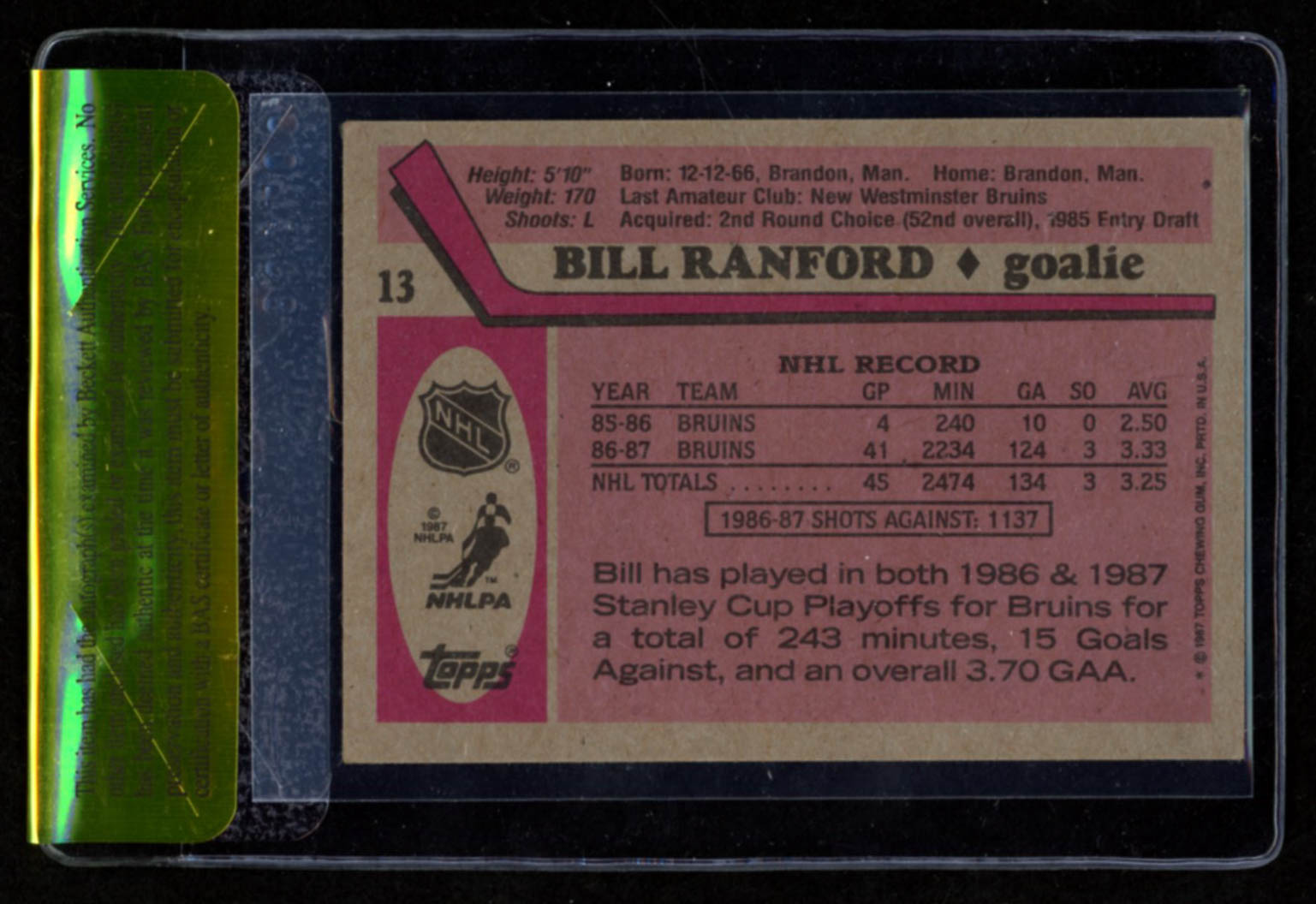 Bill Ranford Signed 1987-88 Topps #13 RC (Beckett Encapsulated) at PristineAuction.com Bill Ranford Signed 1987-88 Topps #13 RC (Beckett Encapsulated) at PristineAuction.com