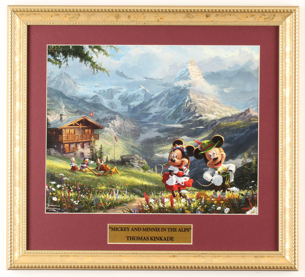 Thomas Kinkade "Mickey & Minnie In The Alps" 14.5x16 Custom Framed Print Display at PristineAuction.com Thomas Kinkade "Mickey & Minnie In The Alps" 14.5x16 Custom Framed Print Display at PristineAuction.com
