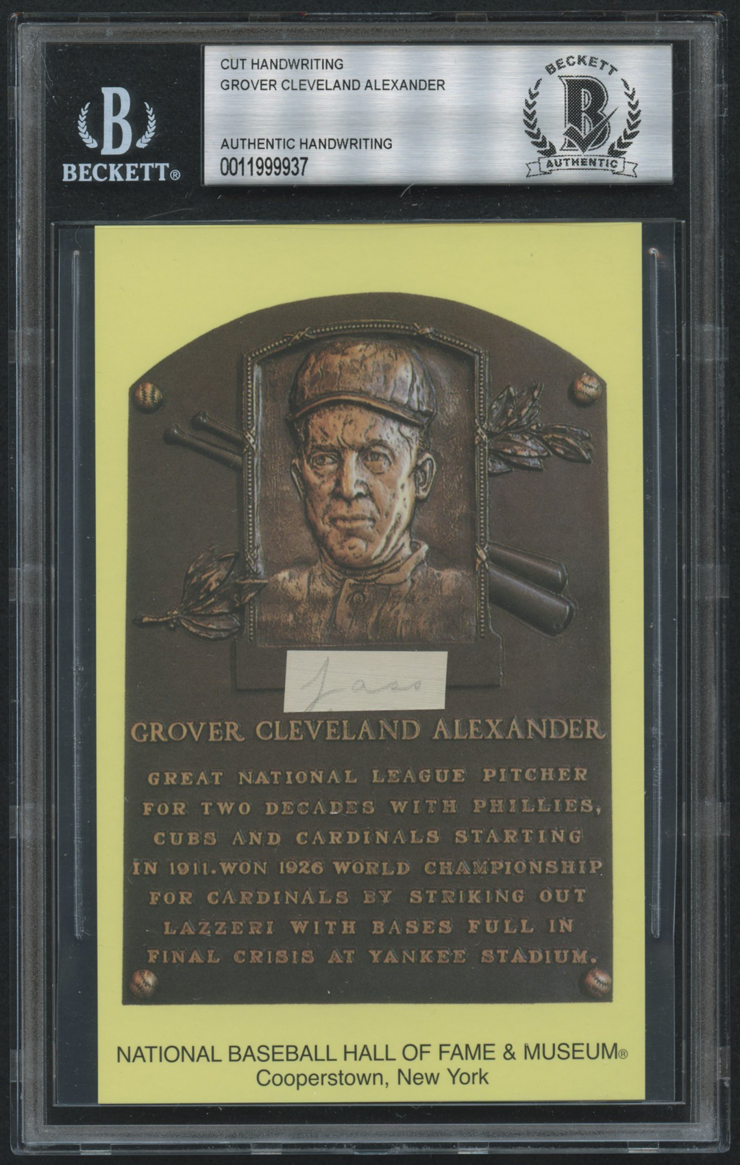 Grover Cleveland Alexander Gold Hall of Fame Plaque Postcard with (1) Hand-Written Word (BGS Encapsulated) at PristineAuction.com Grover Cleveland Alexander Gold Hall of Fame Plaque Postcard with (1) Hand-Written Word (BGS Encapsulated) at PristineAuction.com