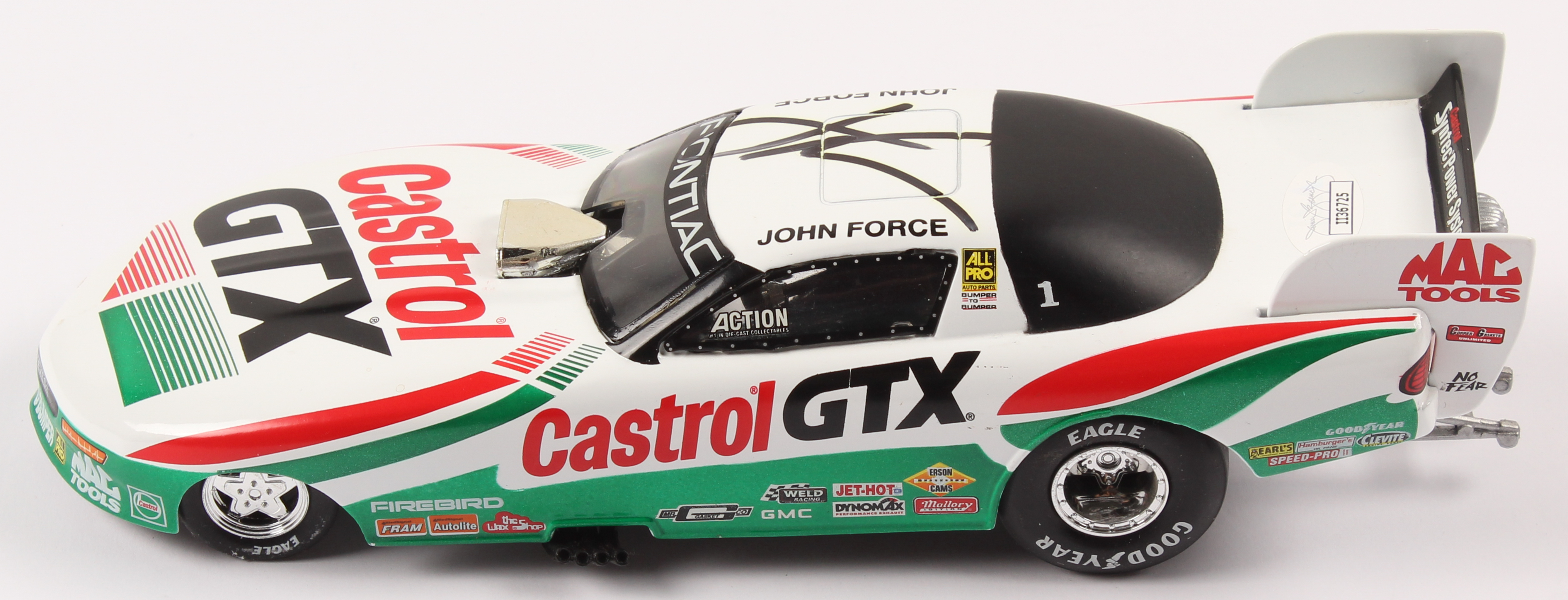 John Force Signed LE Castrol GTX 1997 Pontiac Funny Car 1:24 Scale Stock Car (JSA COA) at PristineAuction.com John Force Signed LE Castrol GTX 1997 Pontiac Funny Car 1:24 Scale Stock Car (JSA COA) at PristineAuction.com