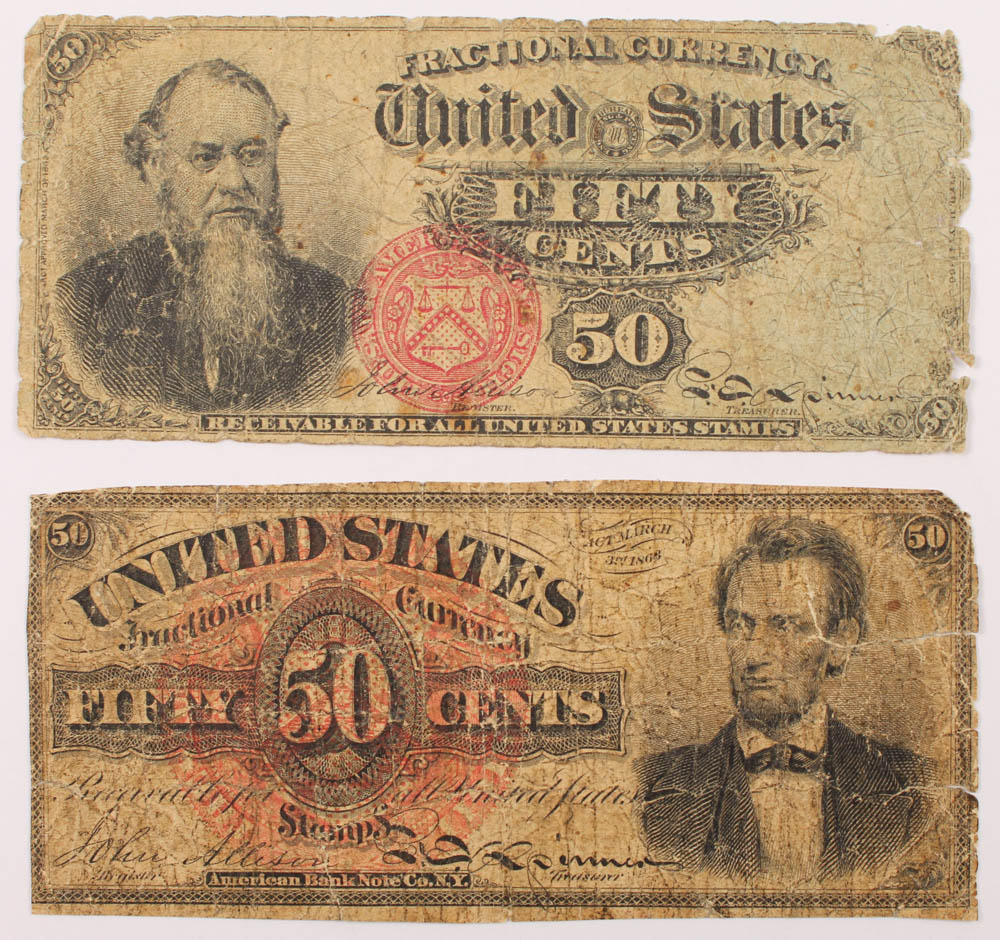 Lot of (2) 1869-1875 Fourth Issue 50¢ Fifty-Cent U.S. Fractional Currency Bank Notes with Fr. 1374 Abraham Lincoln & Fr. 1376 Edwin Stanton at PristineAuction.com Lot of (2) 1869-1875 Fourth Issue 50¢ Fifty-Cent U.S. Fractional Currency Bank Notes with Fr. 1374 Abraham Lincoln & Fr. 1376 Edwin Stanton at PristineAuction.com