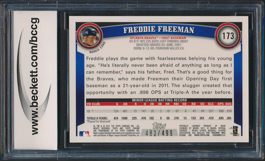 Freddie Freeman 2011 Topps Chrome #173 RC (BCCG 10) at PristineAuction.com Freddie Freeman 2011 Topps Chrome #173 RC (BCCG 10) at PristineAuction.com