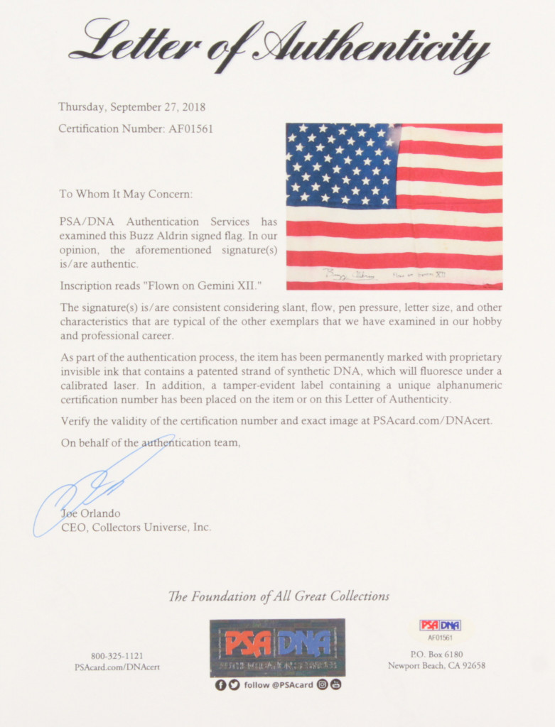 Buzz Aldrin Signed American Flag Inscribed "Flown On Gemini XII" (PSA LOA) at PristineAuction.com Buzz Aldrin Signed American Flag Inscribed "Flown On Gemini XII" (PSA LOA) at PristineAuction.com