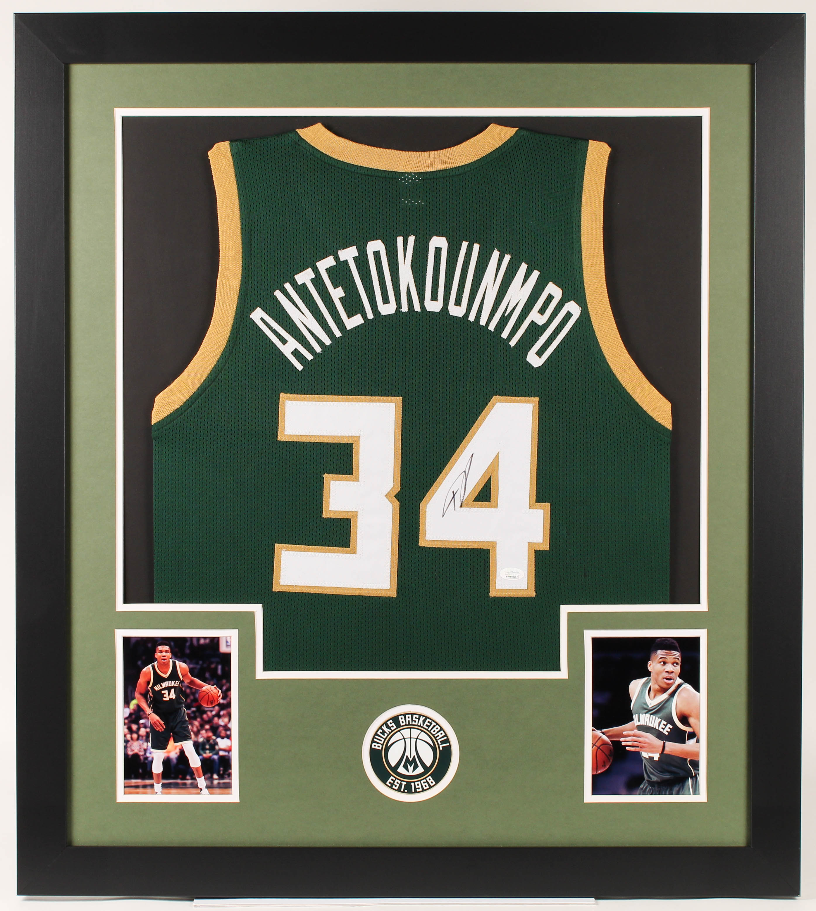 Giannis Antetokounmpo Signed 31x35 Custom Framed Jersey Display (JSA) at PristineAuction.com Giannis Antetokounmpo Signed 31x35 Custom Framed Jersey Display (JSA) at PristineAuction.com