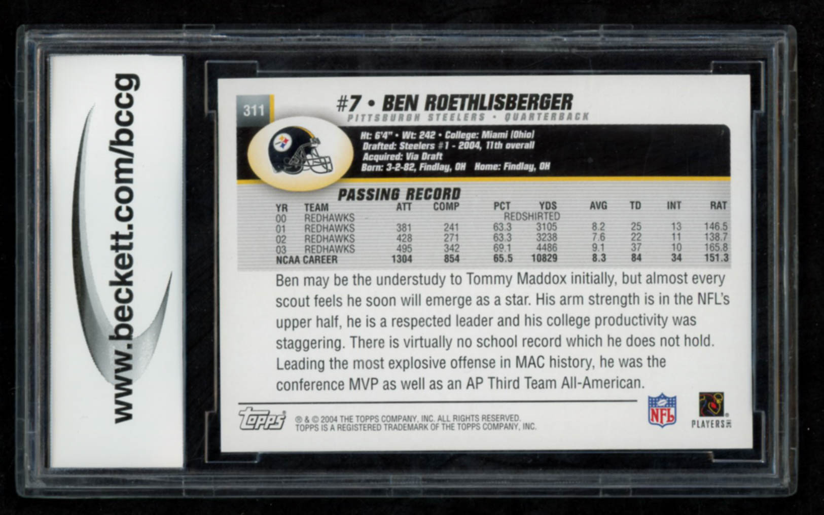 Ben Roethlisberger 2004 Topps #311 RC (BCCG 10) at PristineAuction.com Ben Roethlisberger 2004 Topps #311 RC (BCCG 10) at PristineAuction.com
