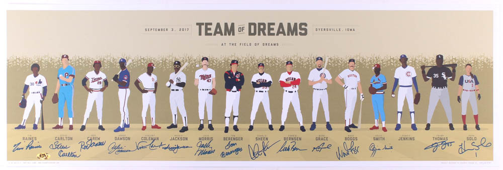 "Team of Dreams" LE 11.75x36 Lithograph Signed by (15) with Tim Raines, Steve Carlton, Reggie Jackson, Charlie Sheen, Mark Grace, Frank Thomas, Hope Solo (MAB Hologram) at PristineAuction.com "Team of Dreams" LE 11.75x36 Lithograph Signed by (15) with Tim Raines, Steve Carlton, Reggie Jackson, Charlie Sheen, Mark Grace, Frank Thomas, Hope Solo (MAB Hologram) at PristineAuction.com