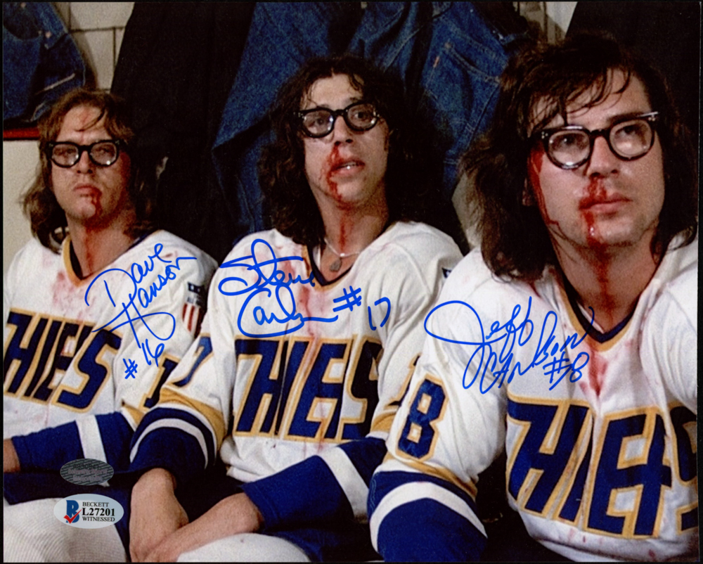Jeff Carlson, Steve Carlson, & David Hanson Signed "Slap Shot" 8x10 Photo (Schwartz COA) at PristineAuction.com Jeff Carlson, Steve Carlson, & David Hanson Signed "Slap Shot" 8x10 Photo (Schwartz COA) at PristineAuction.com