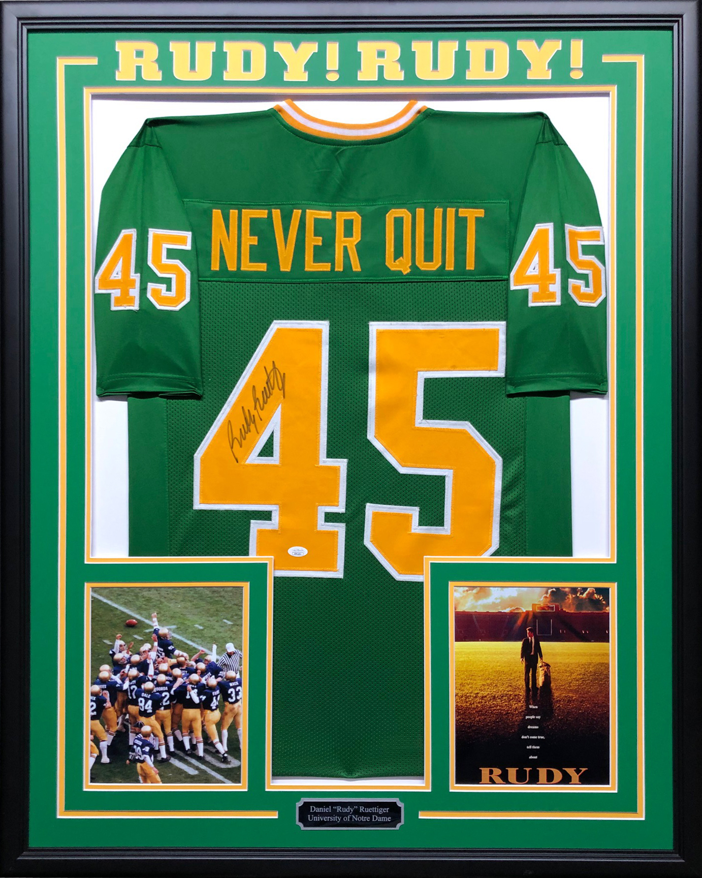 Daniel "Rudy" Ruettiger Signed 34.5x42.5 Custom Framed Jersey (JSA COA) at PristineAuction.com Daniel "Rudy" Ruettiger Signed 34.5x42.5 Custom Framed Jersey (JSA COA) at PristineAuction.com