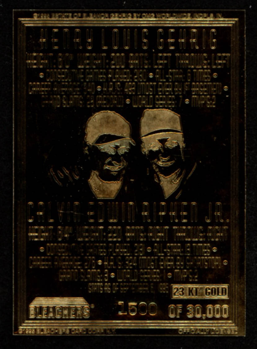 1995 Bleachers 23kt Gold Cal Ripken Jr. / Lou Gehrig Iron Men at PristineAuction.com 1995 Bleachers 23kt Gold Cal Ripken Jr. / Lou Gehrig Iron Men at PristineAuction.com