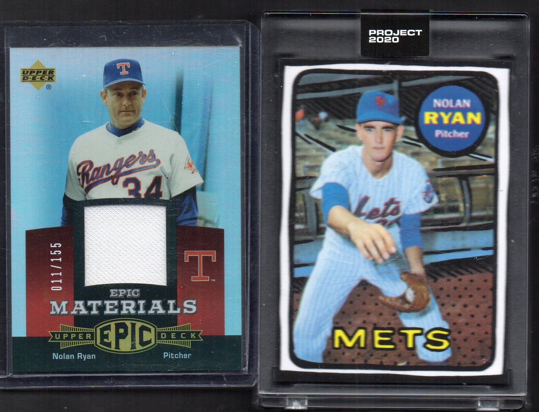 Lot of (2) Nolan Ryan Baseball Cards with 2020 Topps Project #87 (Project 2020 Encapsulated) & 2006 Upper Deck Epic Materials #EMNR3 Jersey Card at PristineAuction.com Lot of (2) Nolan Ryan Baseball Cards with 2020 Topps Project #87 (Project 2020 Encapsulated) & 2006 Upper Deck Epic Materials #EMNR3 Jersey Card at PristineAuction.com