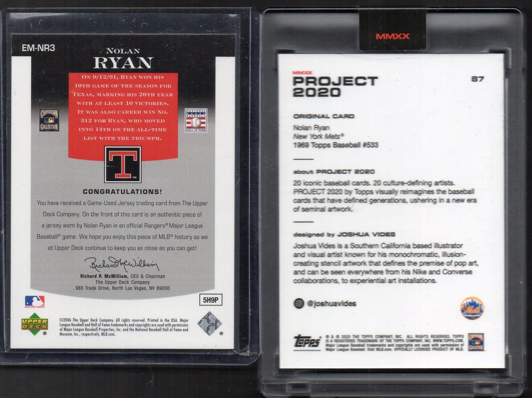 Lot of (2) Nolan Ryan Baseball Cards with 2020 Topps Project #87 (Project 2020 Encapsulated) & 2006 Upper Deck Epic Materials #EMNR3 Jersey Card at PristineAuction.com Lot of (2) Nolan Ryan Baseball Cards with 2020 Topps Project #87 (Project 2020 Encapsulated) & 2006 Upper Deck Epic Materials #EMNR3 Jersey Card at PristineAuction.com