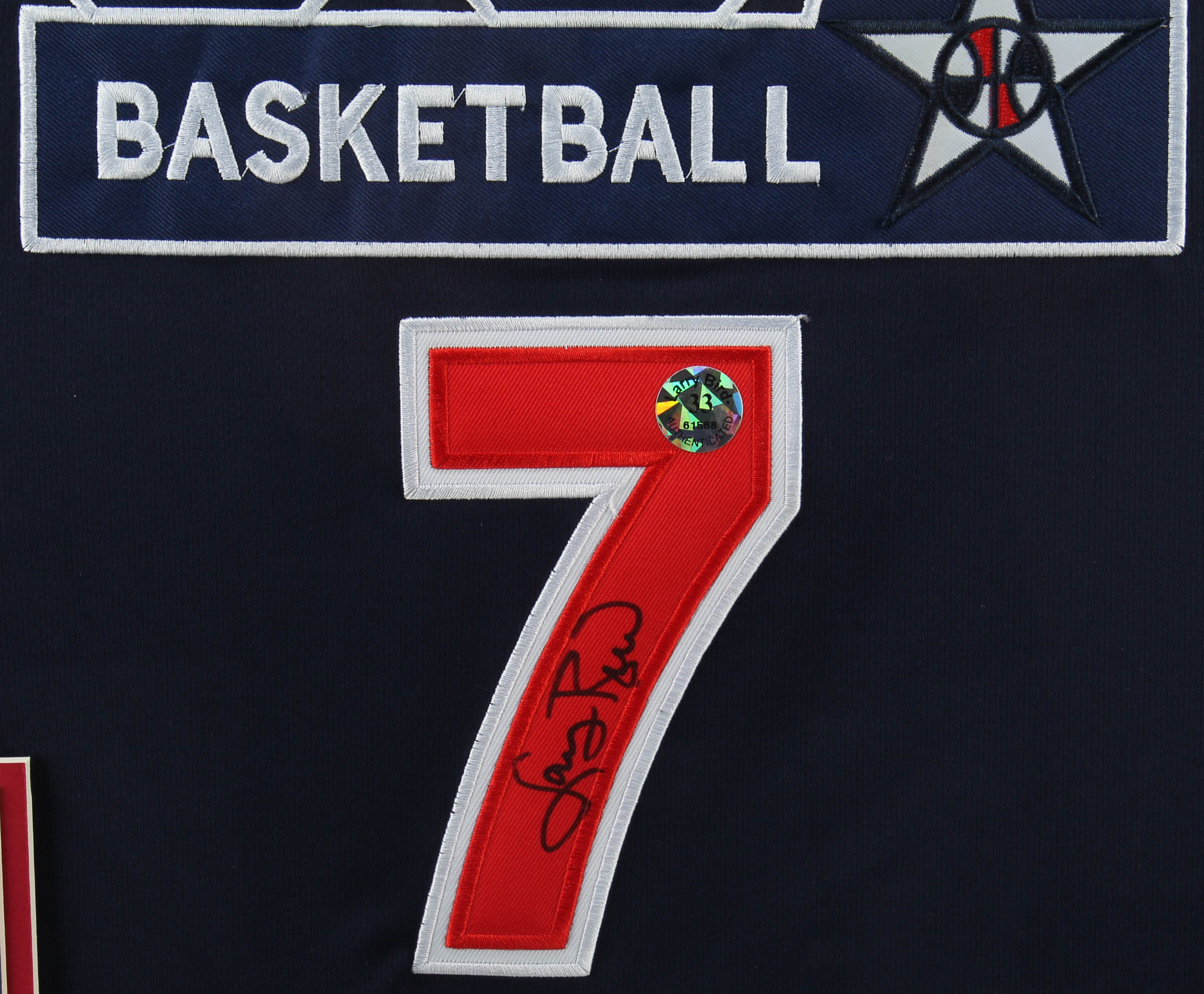 Larry Bird Signed Team USA 32.5x36.5 Custom Framed Jersey with 1992 Barcelona Olympics Pin (Bird Hologram) at PristineAuction.com Larry Bird Signed Team USA 32.5x36.5 Custom Framed Jersey with 1992 Barcelona Olympics Pin (Bird Hologram) at PristineAuction.com
