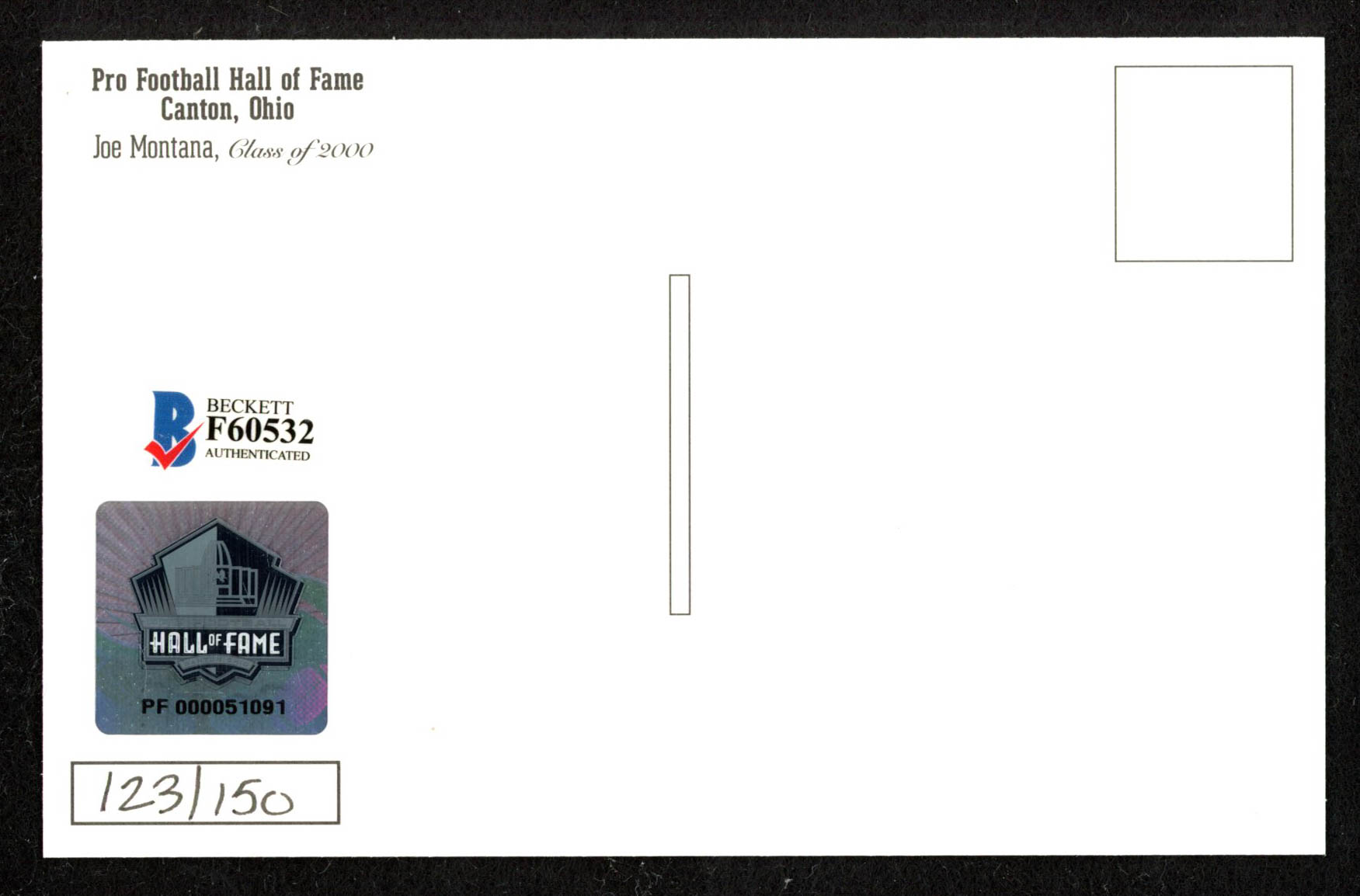 Joe Montana Signed LE Football Hall of Fame 3.5x5.5 Postcard (Beckett) at PristineAuction.com Joe Montana Signed LE Football Hall of Fame 3.5x5.5 Postcard (Beckett) at PristineAuction.com