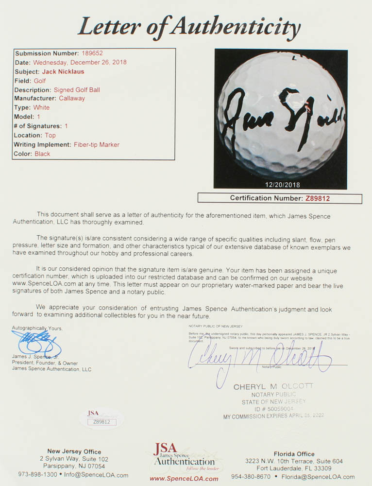 Jack Nicklaus Signed Golf Ball (JSA LOA) at PristineAuction.com Jack Nicklaus Signed Golf Ball (JSA LOA) at PristineAuction.com