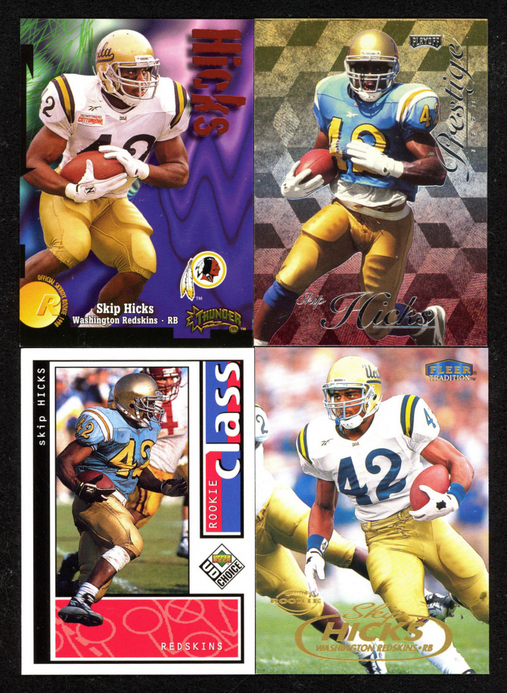 Lot of (4) 1998 Skip Hicks RC Football Cards with Playoff Prestige Hobby #188, Skybox Thunder #236, Fleer Tradition #233, & UD Choice #218
