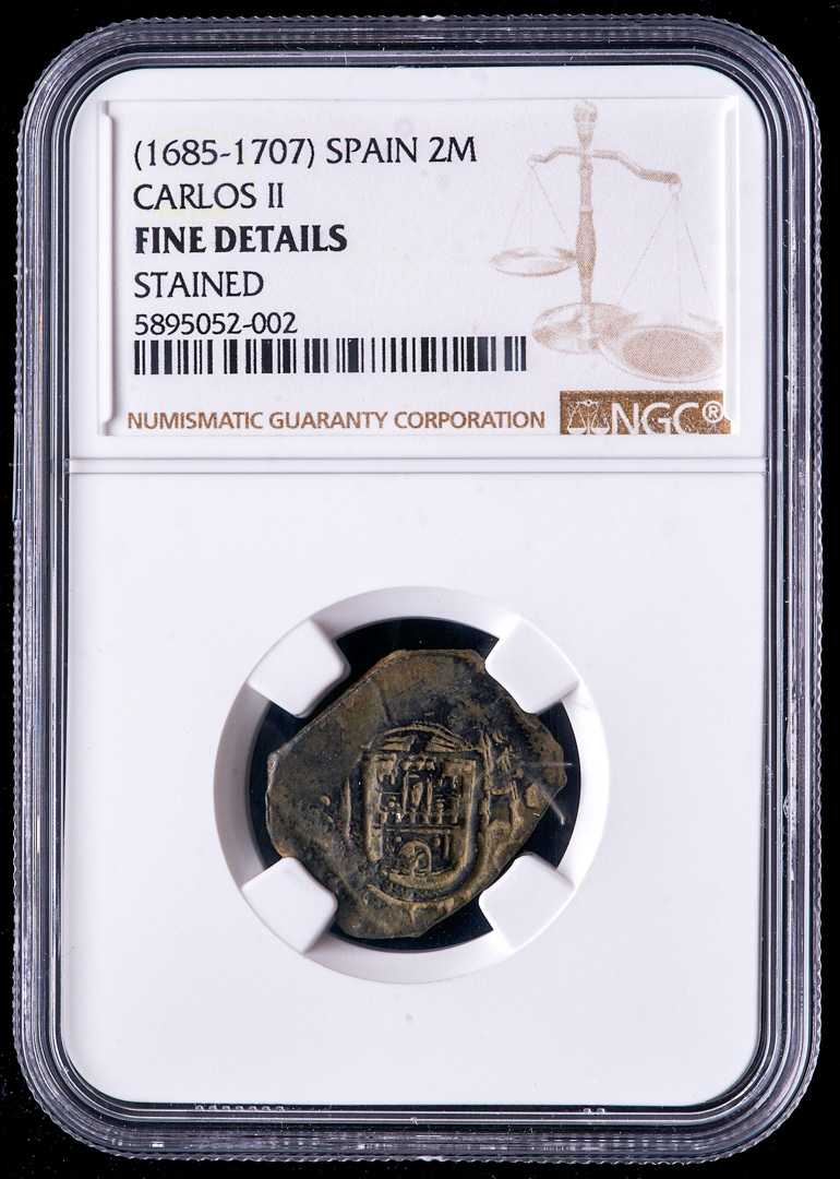 Carlos II (1685-1707) Spain 2 Maravedis - Spanish Colonial Cob Coin (NGC Fine Details) at PristineAuction.com Carlos II (1685-1707) Spain 2 Maravedis - Spanish Colonial Cob Coin (NGC Fine Details) at PristineAuction.com