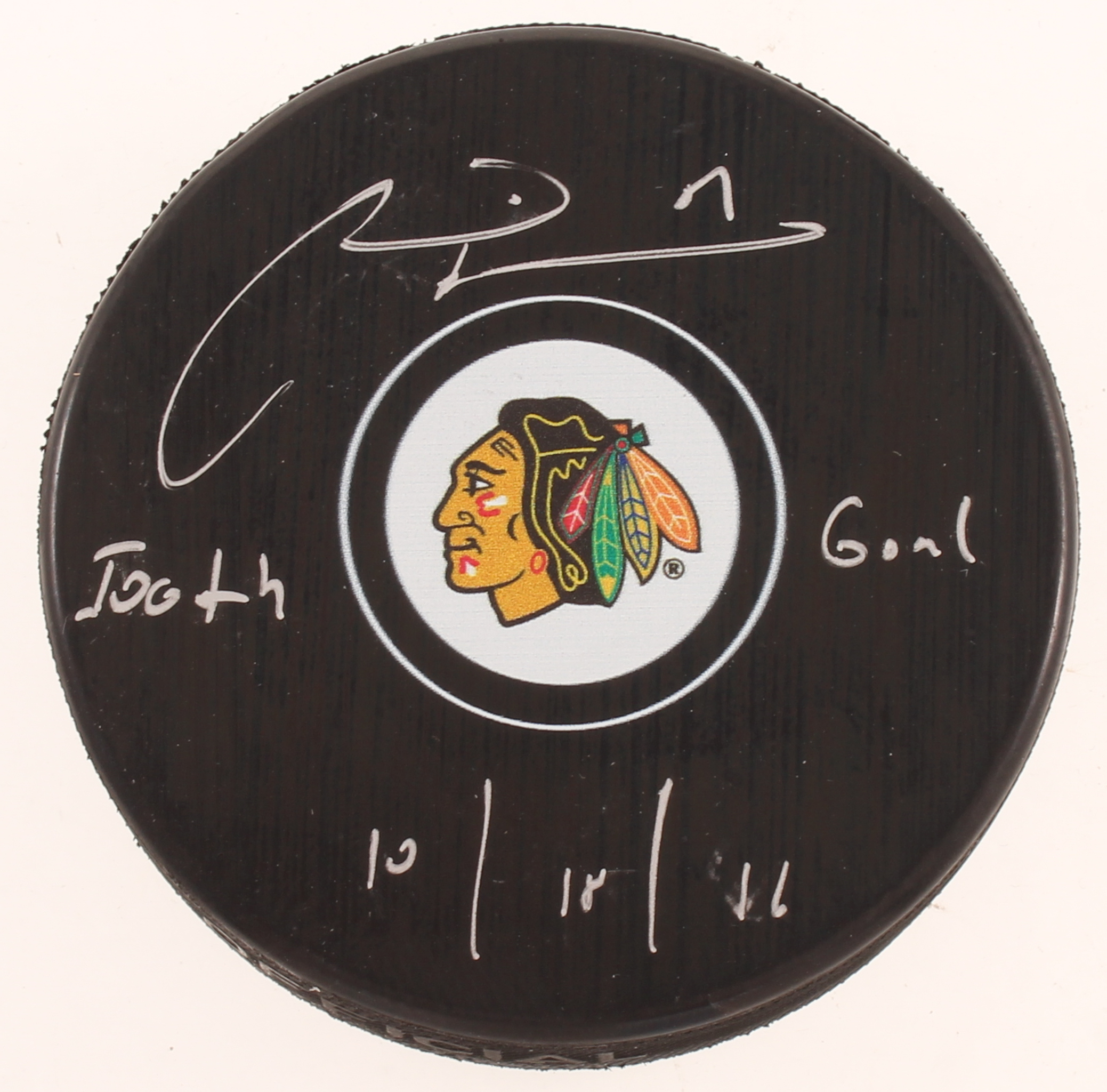 Marian Hossa Signed Blackhawks Logo Hockey Puck Inscribed "500th Goal" & "10/18/16" (JSA Hologram) at PristineAuction.com Marian Hossa Signed Blackhawks Logo Hockey Puck Inscribed "500th Goal" & "10/18/16" (JSA Hologram) at PristineAuction.com