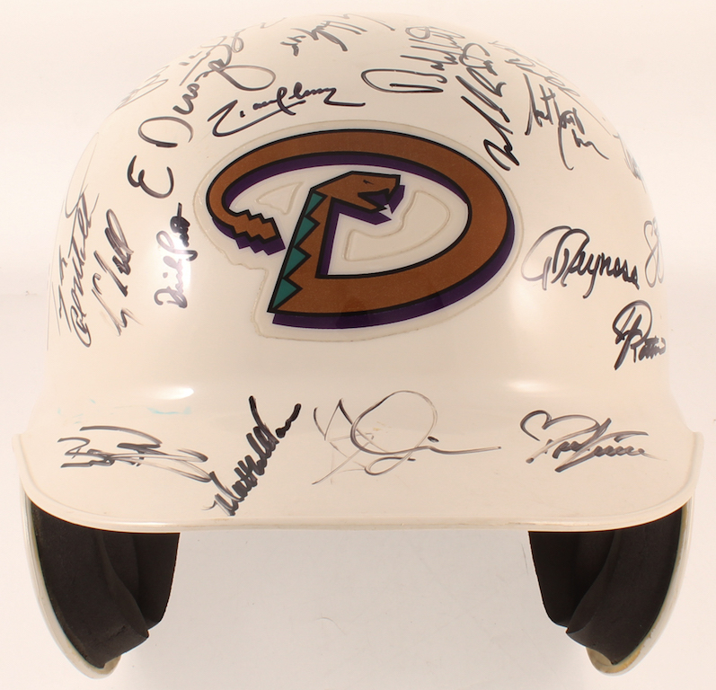 2001 Diamondbacks Full-Size Batting Helmet Team-Signed by (41) with Randy Johnson, Luis Gonzalez, Mike Morgan, Matt Williams, Craig Counsell, Steve Finley, Mark Grace (Beckett) at PristineAuction.com 2001 Diamondbacks Full-Size Batting Helmet Team-Signed by (41) with Randy Johnson, Luis Gonzalez, Mike Morgan, Matt Williams, Craig Counsell, Steve Finley, Mark Grace (Beckett) at PristineAuction.com