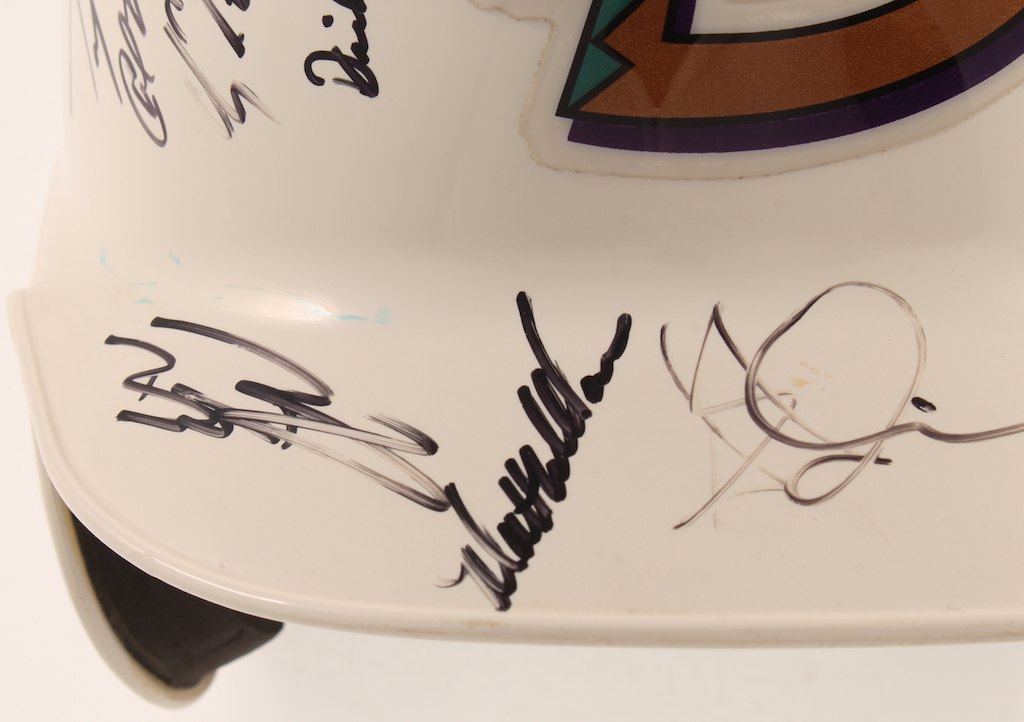 2001 Diamondbacks Full-Size Batting Helmet Team-Signed by (41) with Randy Johnson, Luis Gonzalez, Mike Morgan, Matt Williams, Craig Counsell, Steve Finley, Mark Grace (Beckett) at PristineAuction.com 2001 Diamondbacks Full-Size Batting Helmet Team-Signed by (41) with Randy Johnson, Luis Gonzalez, Mike Morgan, Matt Williams, Craig Counsell, Steve Finley, Mark Grace (Beckett) at PristineAuction.com