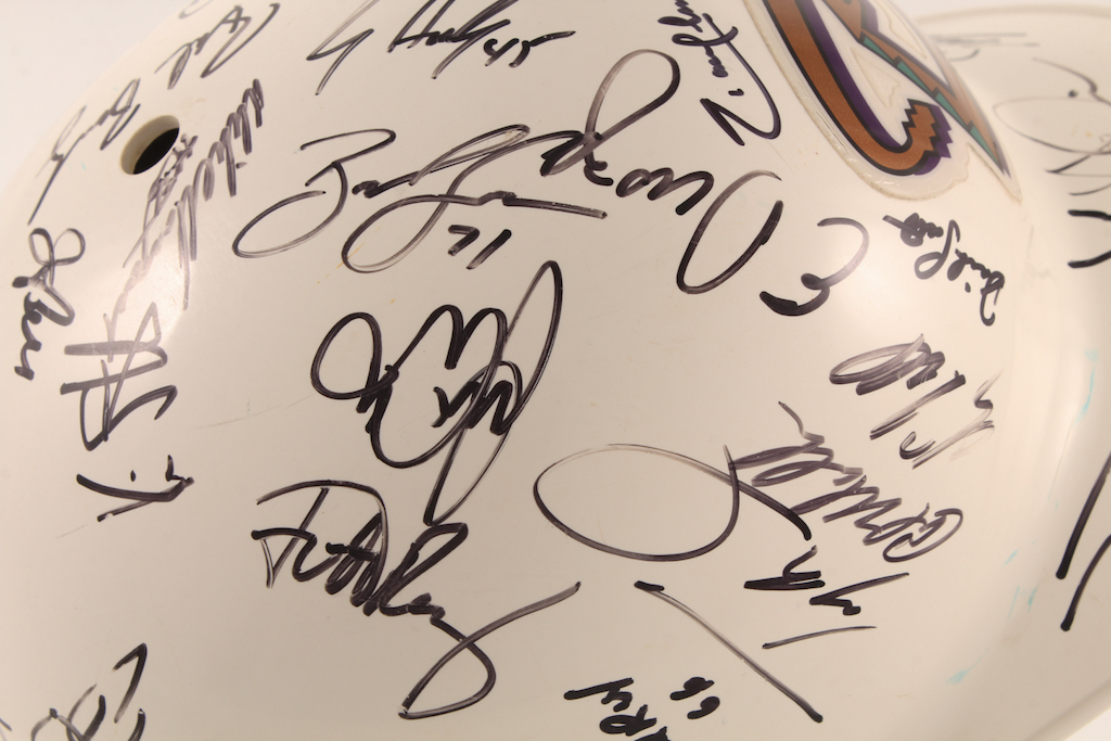 2001 Diamondbacks Full-Size Batting Helmet Team-Signed by (41) with Randy Johnson, Luis Gonzalez, Mike Morgan, Matt Williams, Craig Counsell, Steve Finley, Mark Grace (Beckett) at PristineAuction.com 2001 Diamondbacks Full-Size Batting Helmet Team-Signed by (41) with Randy Johnson, Luis Gonzalez, Mike Morgan, Matt Williams, Craig Counsell, Steve Finley, Mark Grace (Beckett) at PristineAuction.com