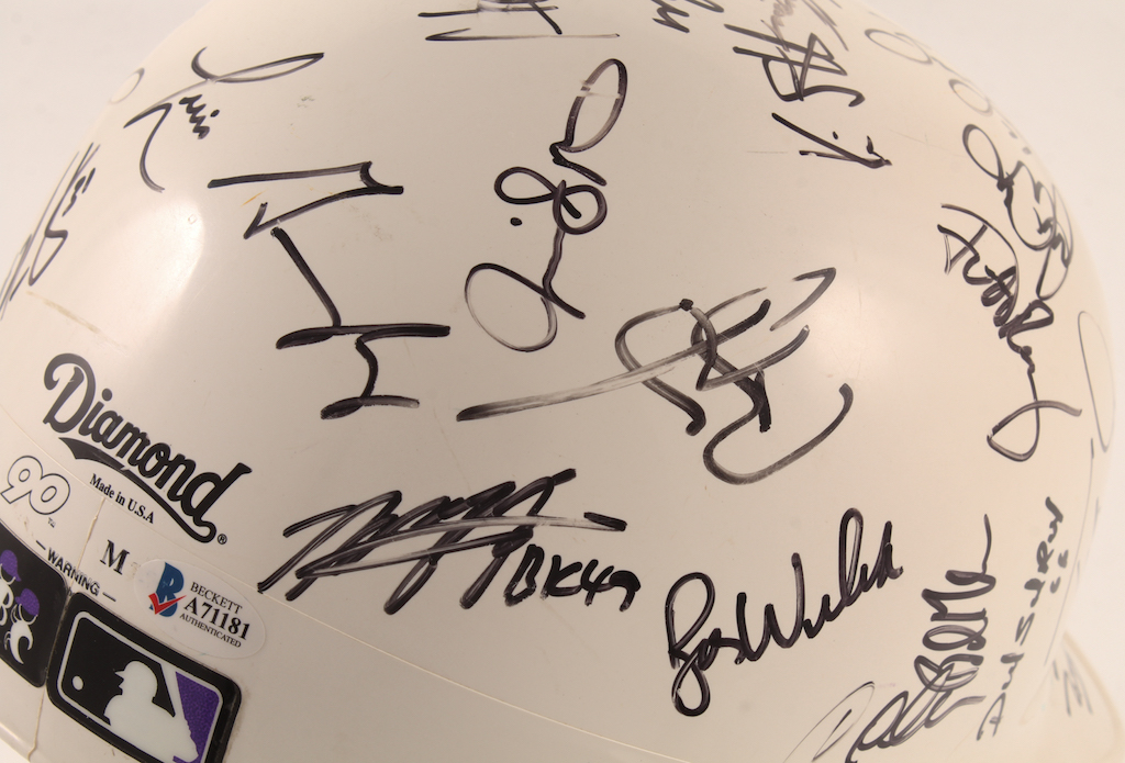 2001 Diamondbacks Full-Size Batting Helmet Team-Signed by (41) with Randy Johnson, Luis Gonzalez, Mike Morgan, Matt Williams, Craig Counsell, Steve Finley, Mark Grace (Beckett) at PristineAuction.com 2001 Diamondbacks Full-Size Batting Helmet Team-Signed by (41) with Randy Johnson, Luis Gonzalez, Mike Morgan, Matt Williams, Craig Counsell, Steve Finley, Mark Grace (Beckett) at PristineAuction.com