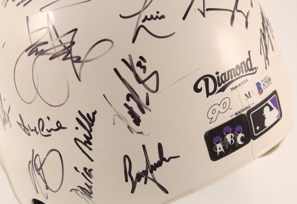 2001 Diamondbacks Full-Size Batting Helmet Team-Signed by (41) with Randy Johnson, Luis Gonzalez, Mike Morgan, Matt Williams, Craig Counsell, Steve Finley, Mark Grace (Beckett) at PristineAuction.com 2001 Diamondbacks Full-Size Batting Helmet Team-Signed by (41) with Randy Johnson, Luis Gonzalez, Mike Morgan, Matt Williams, Craig Counsell, Steve Finley, Mark Grace (Beckett) at PristineAuction.com