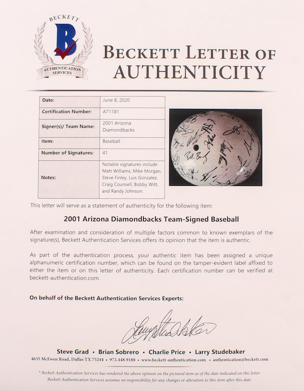 2001 Diamondbacks Full-Size Batting Helmet Team-Signed by (41) with Randy Johnson, Luis Gonzalez, Mike Morgan, Matt Williams, Craig Counsell, Steve Finley, Mark Grace (Beckett) at PristineAuction.com 2001 Diamondbacks Full-Size Batting Helmet Team-Signed by (41) with Randy Johnson, Luis Gonzalez, Mike Morgan, Matt Williams, Craig Counsell, Steve Finley, Mark Grace (Beckett) at PristineAuction.com