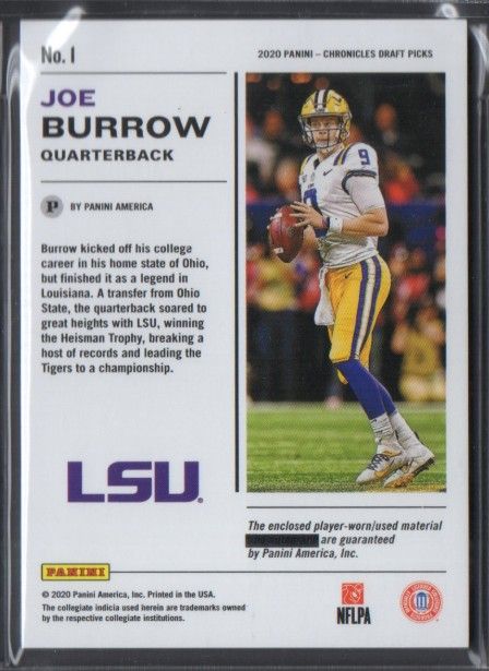 Joe Burrow 2020 Chronicles Alma Mater #1 RC Jersey Card at PristineAuction.com Joe Burrow 2020 Chronicles Alma Mater #1 RC Jersey Card at PristineAuction.com