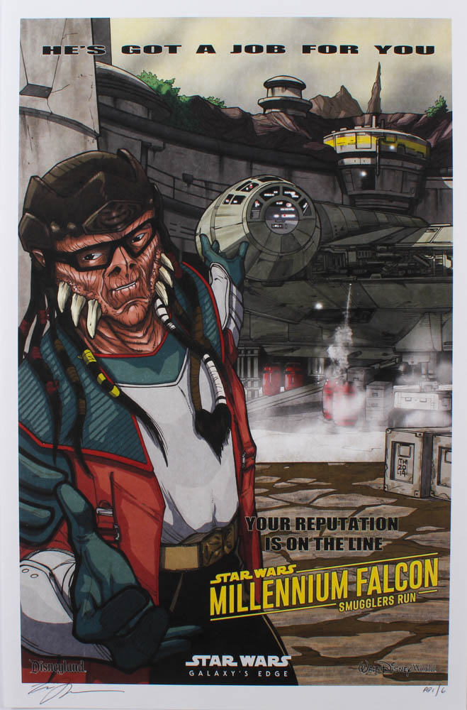 Tom Hodges - Millennium Falcon - Smugglers Run - Star Wars: Galaxy's Edge - Signed 11" x 17" Lithograph AP #/6 (PA COA) at PristineAuction.com Tom Hodges - Millennium Falcon - Smugglers Run - Star Wars: Galaxy's Edge - Signed 11" x 17" Lithograph AP #/6 (PA COA) at PristineAuction.com