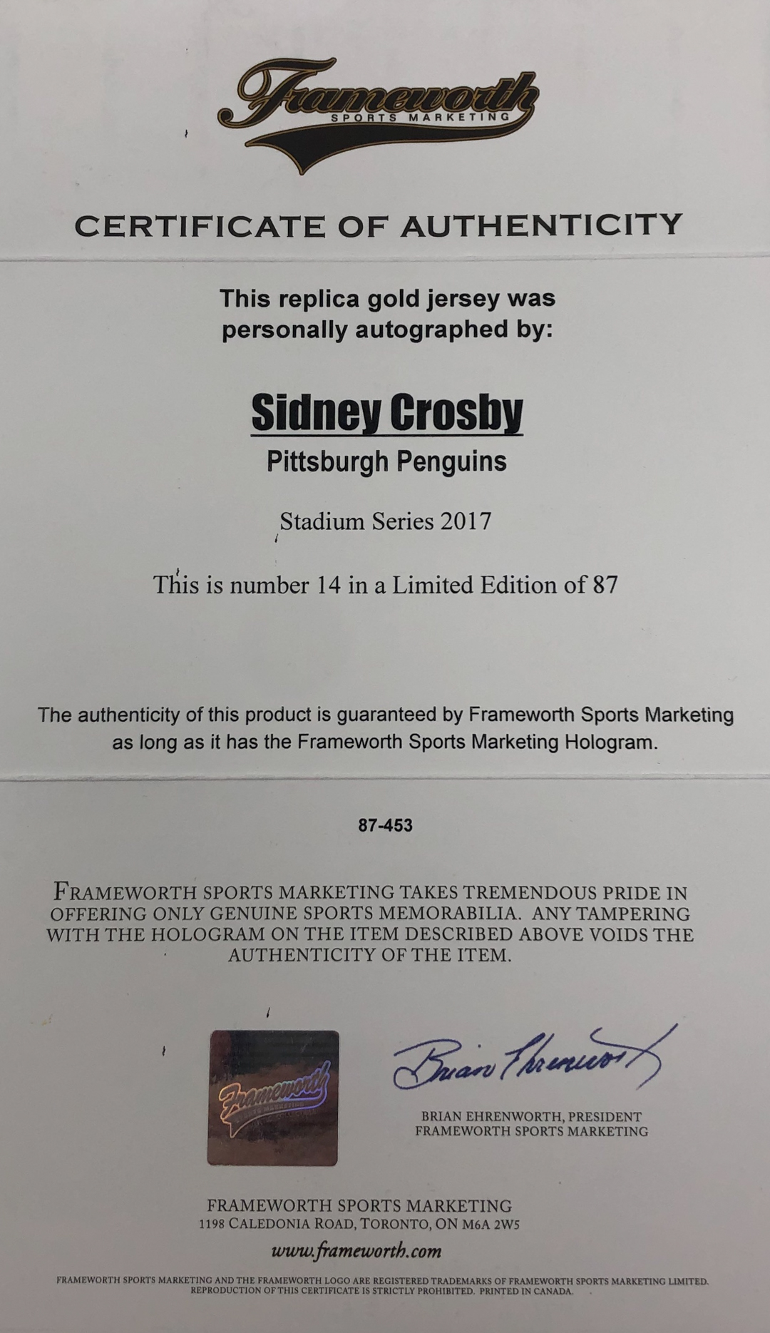 Sidney Crosby Signed Penguins 36x44 Custom Framed Jersey (FSM COA) at PristineAuction.com Sidney Crosby Signed Penguins 36x44 Custom Framed Jersey (FSM COA) at PristineAuction.com