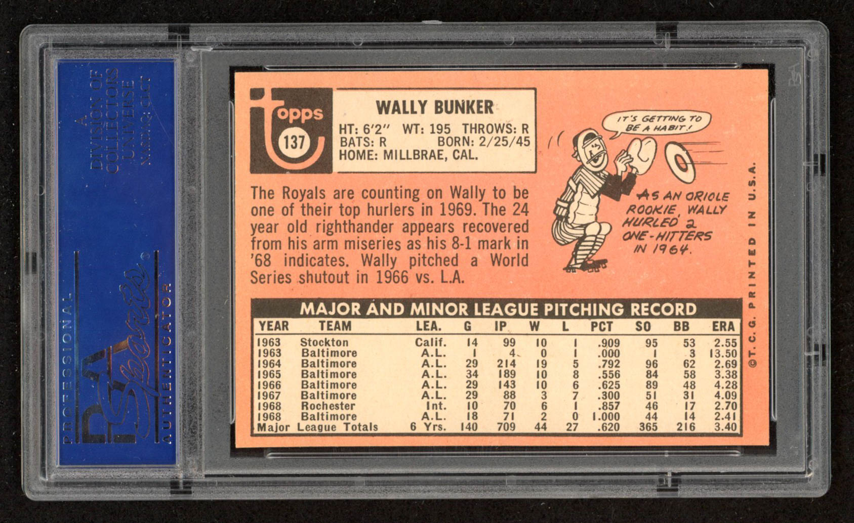 Wally Bunker 1969 Topps #137 (PSA 8) at PristineAuction.com Wally Bunker 1969 Topps #137 (PSA 8) at PristineAuction.com