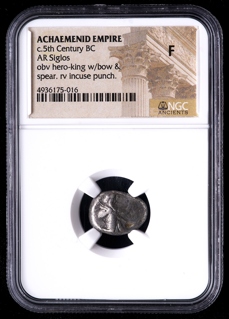 c.5th Century B.C. Achaemenid Empire - AR Siglos Silver Coin (NGC Fine) obv Hero King with Bow & Spear rv Incuse Punch at PristineAuction.com c.5th Century B.C. Achaemenid Empire - AR Siglos Silver Coin (NGC Fine) obv Hero King with Bow & Spear rv Incuse Punch at PristineAuction.com